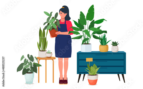 Young woman in an apron standing in home garden and holding a potted houseplant in her hands. Vector illustration