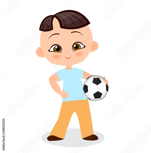 Fototapeta Naklejka Na Ścianę i Meble -  Japanese boy. Kid playing football. Vector illustration eps 10 isolated on white background. Flat cartoon style.