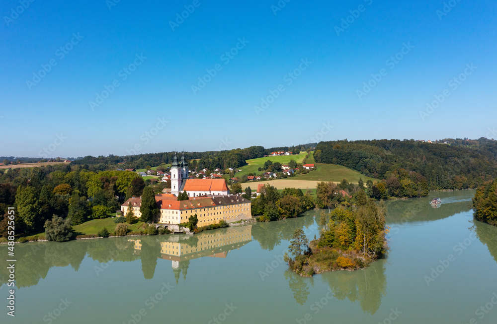 Germany, Bavaria, Neuhaus am Inn, Drone view of river Inn and Vornbach Abbey in summer Germany, Bavaria, Neuhaus am Inn, Drone view of river Inn and Vornbach Abbey in summer