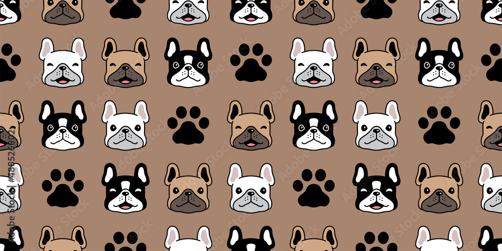 dog seamless pattern french bulldog vector paw footprint puppy pet breed cartoon doodle repeat wallpaper tile background illustration design isolated