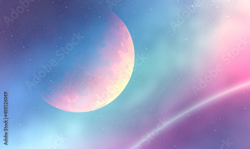 Orange crescent moon with planets and cosmic background illustration