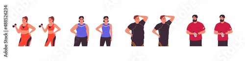 Body transformation and weight loss concept. People figures before and after fitness. Full obese and slim men and women changing, losing belly. Flat vector illustration isolated on white background