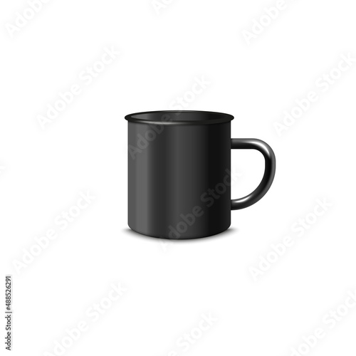 Black colored enamel mug in realistic 3d style, vector illustration isolated on white background.
