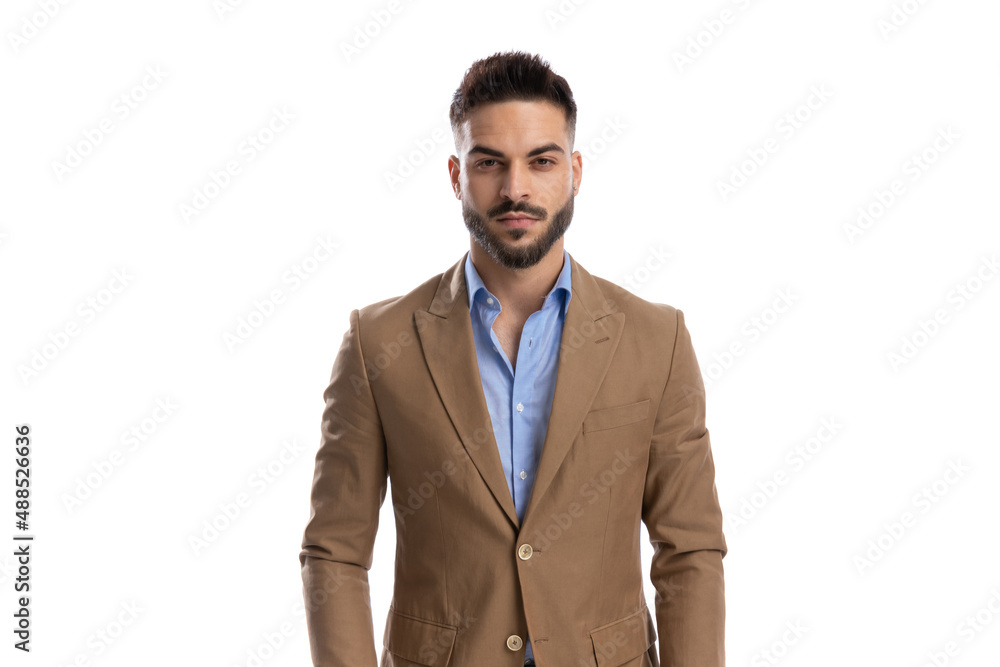 portrait of handsome man in brown suit posing on white background portrait of handsome man in brown suit posing on white background