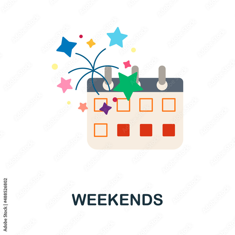 Weekends flat icon. Colored element sign from celebration collection. Flat Weekends icon sign for web design, infographics and more. Weekends flat icon. Colored element sign from celebration collection. Flat Weekends icon sign for web design, infographics and more.