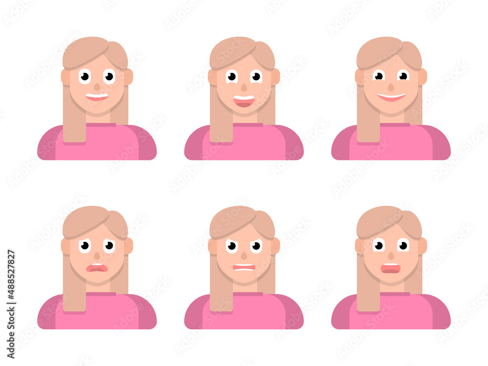 Various emotions for kids. Friendly, joyful, happy, sad, angry, surprised. Cute young girl emoji with different facial expressions. Vector illustration in cartoon style. Various emotions for kids. Friendly, joyful, happy, sad, angry, surprised. Cute young girl emoji with different facial expressions. Vector illustration in cartoon style.