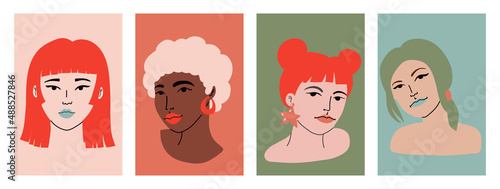 Set of women with different kind of beauty. Girls with various hair and skin colors, nationalities. Happy international women's day. 