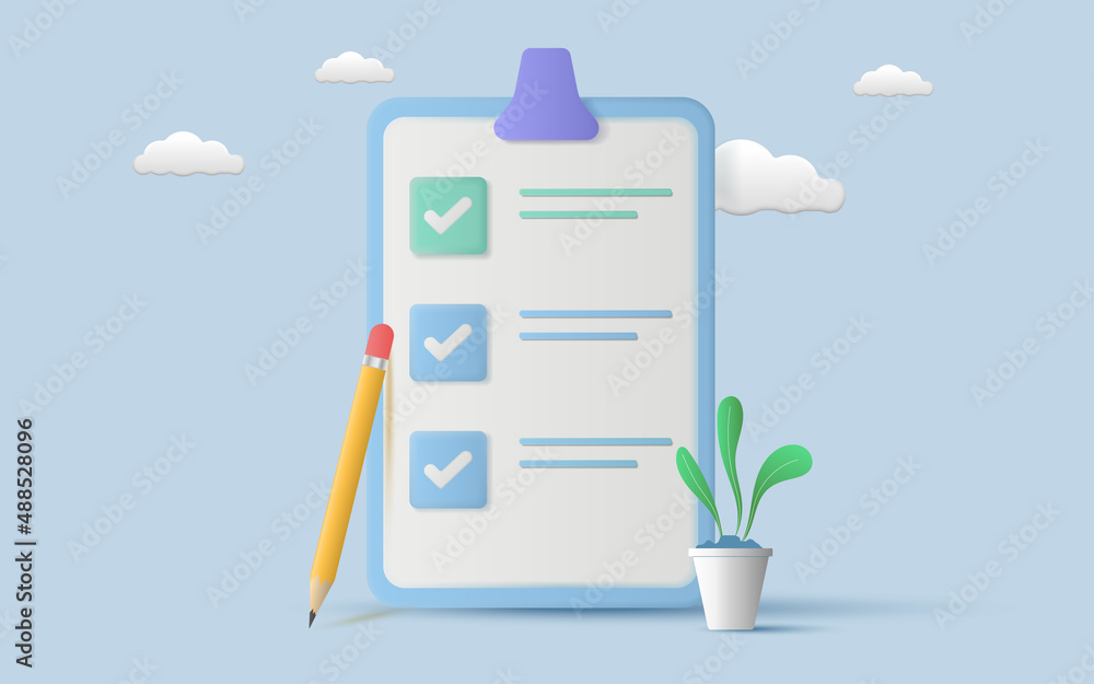 White clipboard with checklist and pencil drawing ticks checking selection marks on sky blue background. Planning and organization of work. 3d Vector illustration. White clipboard with checklist and pencil drawing ticks checking selection marks on sky blue background. Planning and organization of work. 3d Vector illustration.