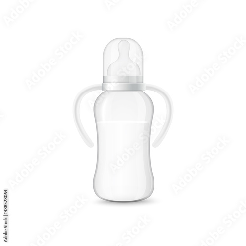 Baby bottle filled with milk with plastic cap, handlers and nipple, 3d vector illustration isolated on white background.