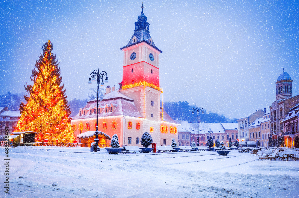 Brasov, Romania - Winter scenic Christmas Tree in downtown, touristic Transylvania.