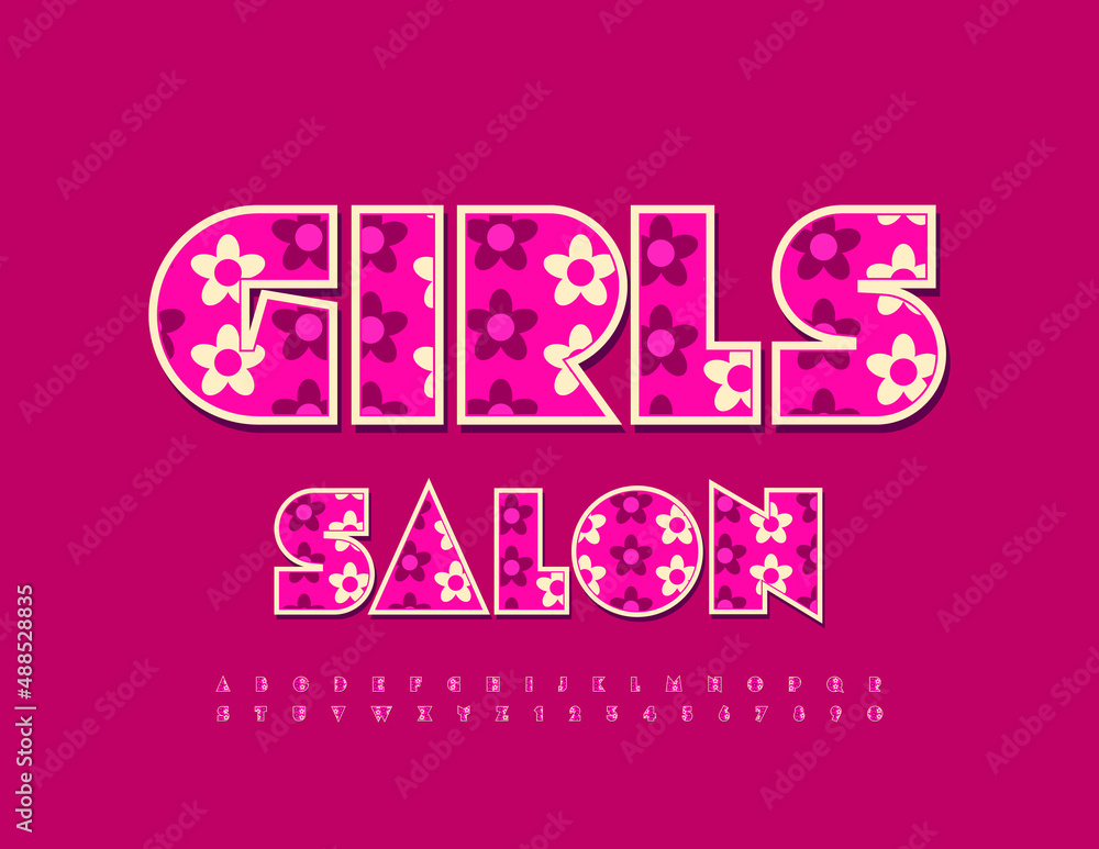 Vector stylish logo Girls Saon. Unique Bright Font. Flower pattern Alphabet Letters and Numbers set Vector stylish logo Girls Saon. Unique Bright Font. Flower pattern Alphabet Letters and Numbers set
