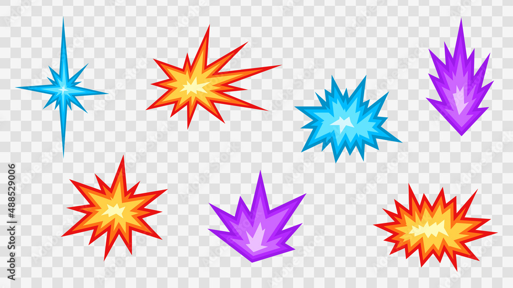Boom. Comic book explosion set. Burst. Cartoon style. Blast. Bomb effect. Vector illustration Boom. Comic book explosion set. Burst. Cartoon style. Blast. Bomb effect. Vector illustration