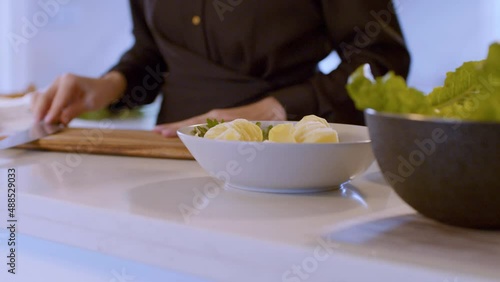 Onion slicing, salad preparation