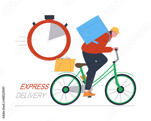 The courier on a bicycle quickly carries the order. Express delivery of groceries and ready meals from cafes and restaurants. Fast delivery of goods. Flat vector illustration. Eps10