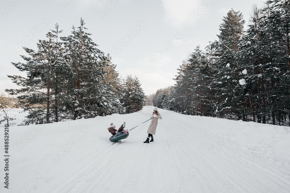 mother sleds her daughter in a snowy forest. High quality photo