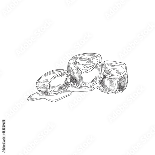Melting ice cubes, hand drawn sketch vector illustration isolated on white background.
