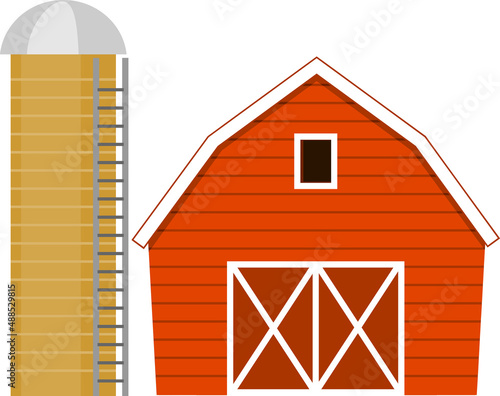 Red cartoon barn and tower silo isolated on white background