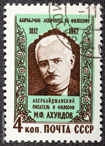 USSR - CIRCA 1962: Postage stamp printed in Soviet Union shows 150th Birth Anniversary of Mirza Akhundov, Russian Writers serie, circa 1962