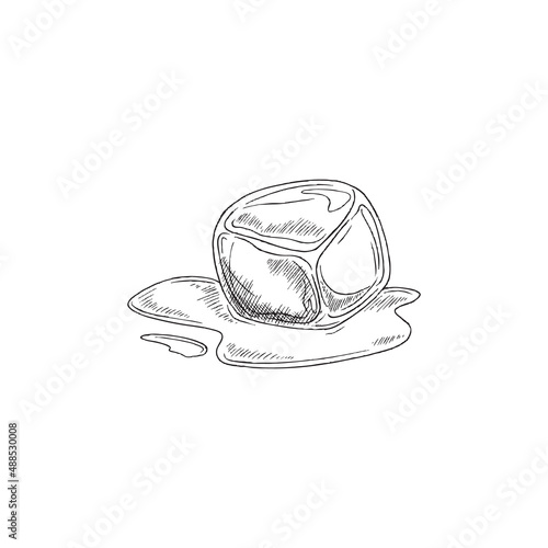 Ice cube melting with water puddle, sketch vector illustration isolated on white background.