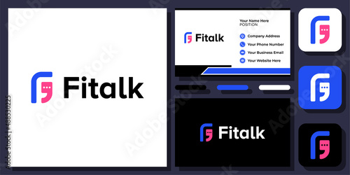 Initial Letter F Bubble Chat Talk Speech Speak Conversation Vector Logo Design with Business Card