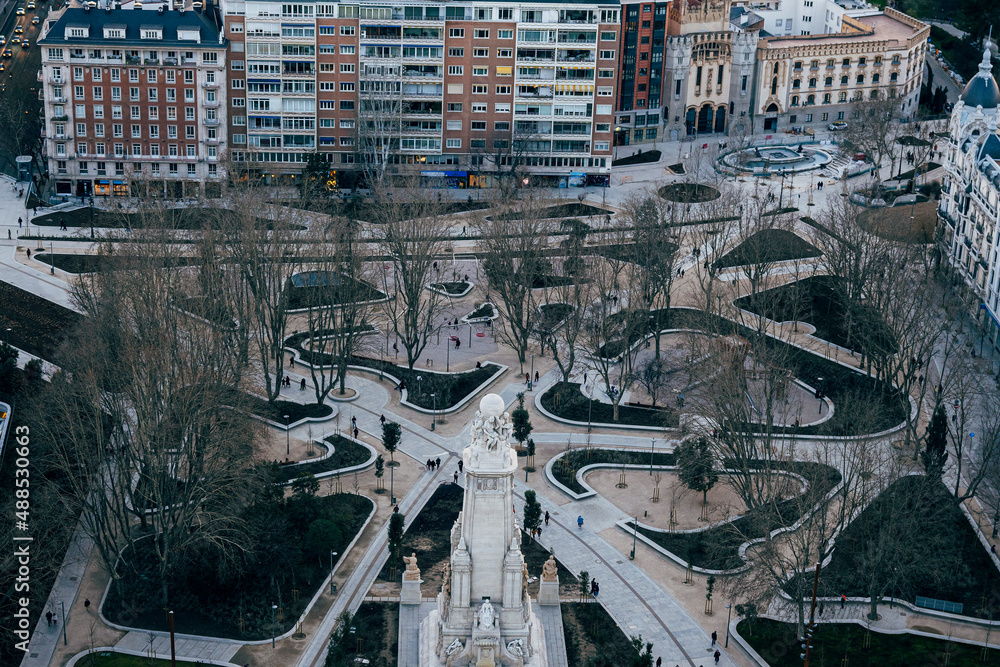 Panoramic view of the Spain square in the city of Madrid. Spain.