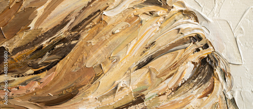 Macro. Abstract art. Expressive embossed pasty oil paints and reliefs. Colors: white,ocher, brown,