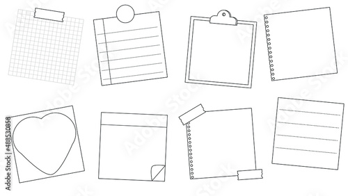 set of the blank white notepad template, memo, planner, grid paper, sticky note, reminder, journal. cute, simple, and printable