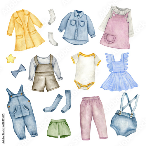 Baby clothes watercolor collection. Vintage child outfit isoleted elements on white background clipart set.
