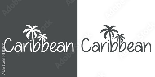 Caribbean beach. Banner con texto Caribbean con letra con forma de silueta de palmera en fondo gris y fondo blanco