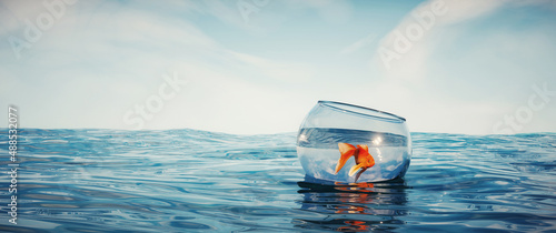 Foto Golden fish in a bowl floating on sea.