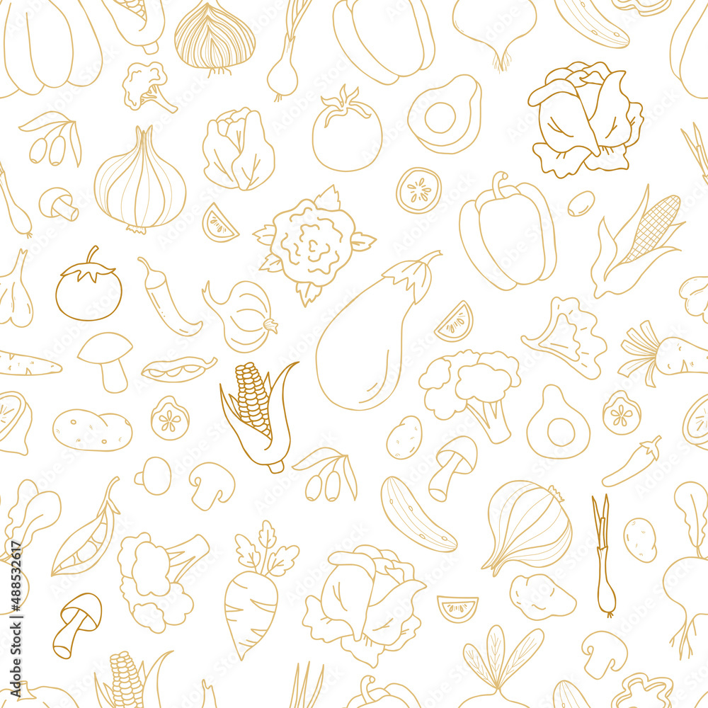 Seamless vegetable pattern. Linear hand drawn doodles of vegetables and fruits, root vegetables, mushrooms, olives and avocados on white background. Vector illustration for design, wallpaper packaging Seamless vegetable pattern. Linear hand drawn doodles of vegetables and fruits, root vegetables, mushrooms, olives and avocados on white background. Vector illustration for design, wallpaper packaging