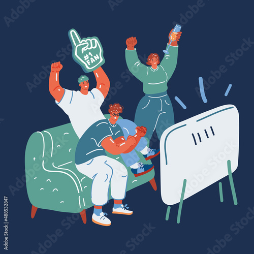 Cartoon vector illustration of friends sitting on sofa at home and watching football or soccer game on TV