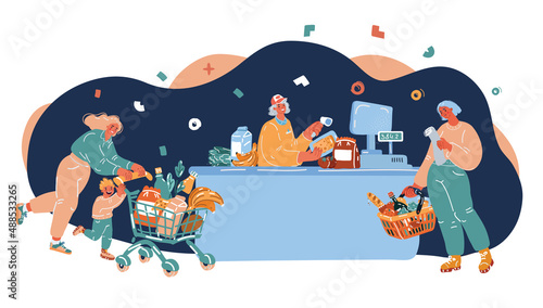 Cartoon vector illustration of peoplle in supermarket and cashier