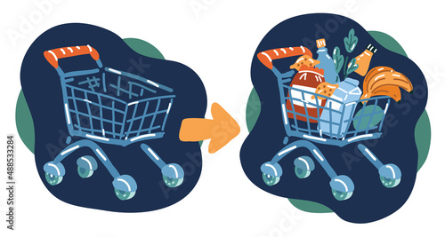 Cartoon vector illustration of full and empty shopping carts from supermarket store