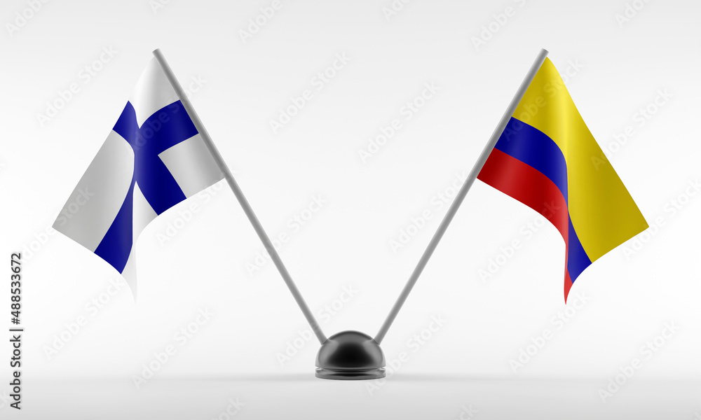 Stand with two national flags. Flags of Colombia and Finland. Isolated on a white background. 3d render Stand with two national flags. Flags of Colombia and Finland. Isolated on a white background. 3d render