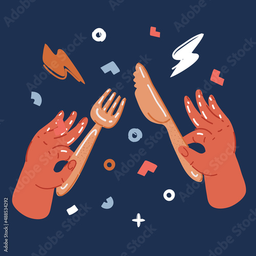 Cartoon vector illustration of hands holding knife and fork