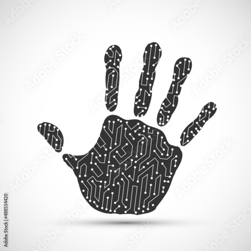 Human hand print with circuit pattern. vector icon
