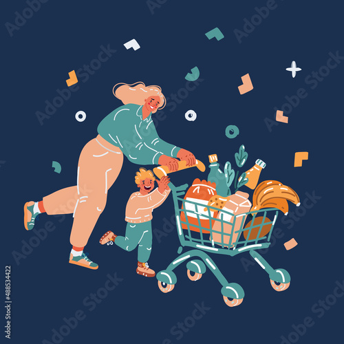 Cartoon vector illustration of Young mother with son pushing supermarket shopping cart full of groceries.