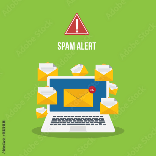 Spamming concept, a lot of emails on the screen of a monitor. Email box hacking, spam warning. Vector illustration.