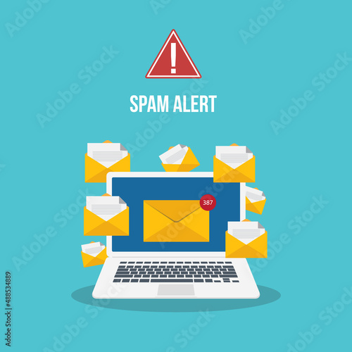 Spamming concept, a lot of emails on the screen of a monitor. Email box hacking, spam warning. Vector illustration.