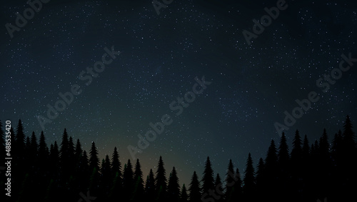 Night sky illustration with fir trees 전나무 배경 밤하늘 일러스트