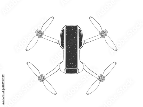 Drone image. Drawn quadcopter. RC drone. Hand-drawn image. Vector illustration