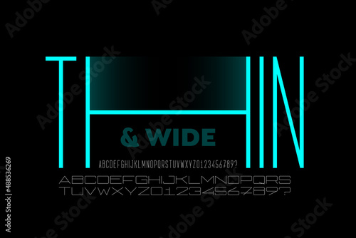 Thin and wide fonts style combined together, alphabet letters and numbers vector illustration