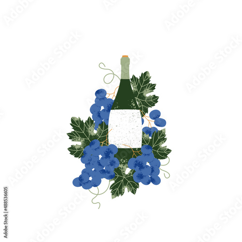 Wine bottle with grapes and leaves. Vintage textured vector illustration