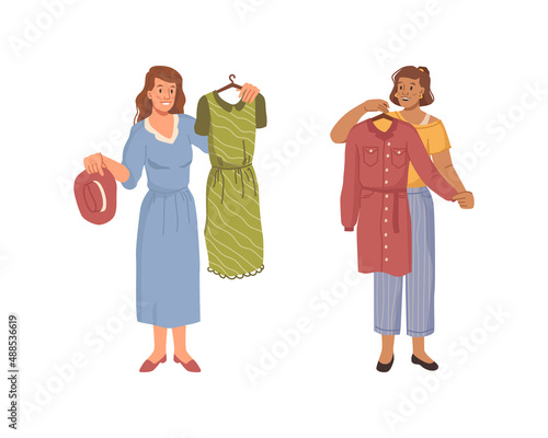 Girl trying on dress and hat accessories. Vector woman shopping choosing clothes, lady deciding what to wear. Buying apparel in store or shop, boutiques. Isolated female with apparel, flat cartoon