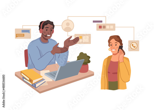 Boss in corporate talking on phone with customer or colleague giving task. Vector manager explaining details of project or job for new candidate. Woman on call with employer. Flat cartoon character