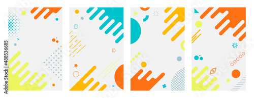 Cards with lots of vector geometric shapes. Memphis trendy graphic elements. Template for your project, advertising, banner, poster, t-shirt.