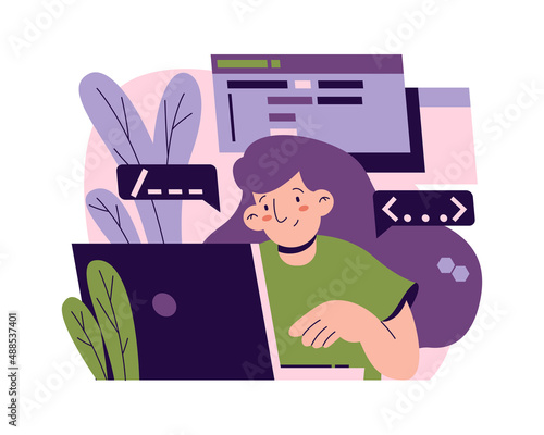 Female character working on software development and improvement. Vector woman with laptop, cartoon gadgets devices, coder writing scripts for applications or websites. Worker in office or home