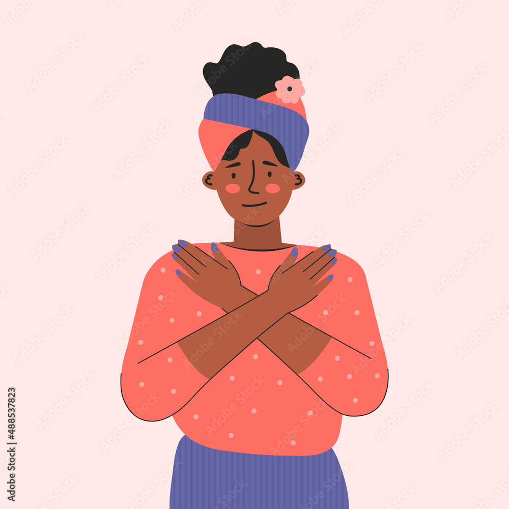 Break the bias. Woman's international day. IWD. 8th march. Black women cross arms. Female character. Discrimination and stereotype. Hand drawn vector illustration, poster, banner Break the bias. Woman's international day. IWD. 8th march. Black women cross arms. Female character. Discrimination and stereotype. Hand drawn vector illustration, poster, banner
