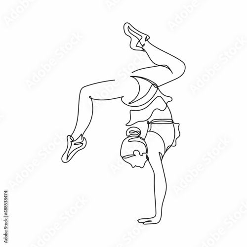 Continuous one simple single abstract line drawing of beautiful cheerleader gimtastic woman portrait icon in silhouette on a white background. Linear stylized.